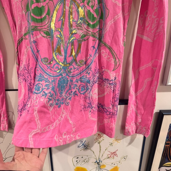 Y2K Christian Audigier Pink Graphic Long Sleeve Tee - size M - Picture 4 of 16